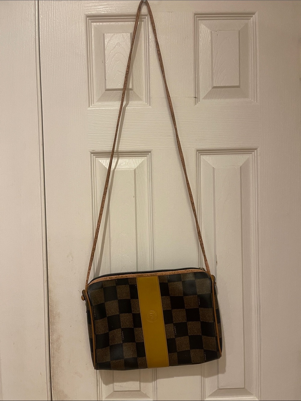 Fendi Brown Checkerboard Crossbody with Yellow Center Stripe